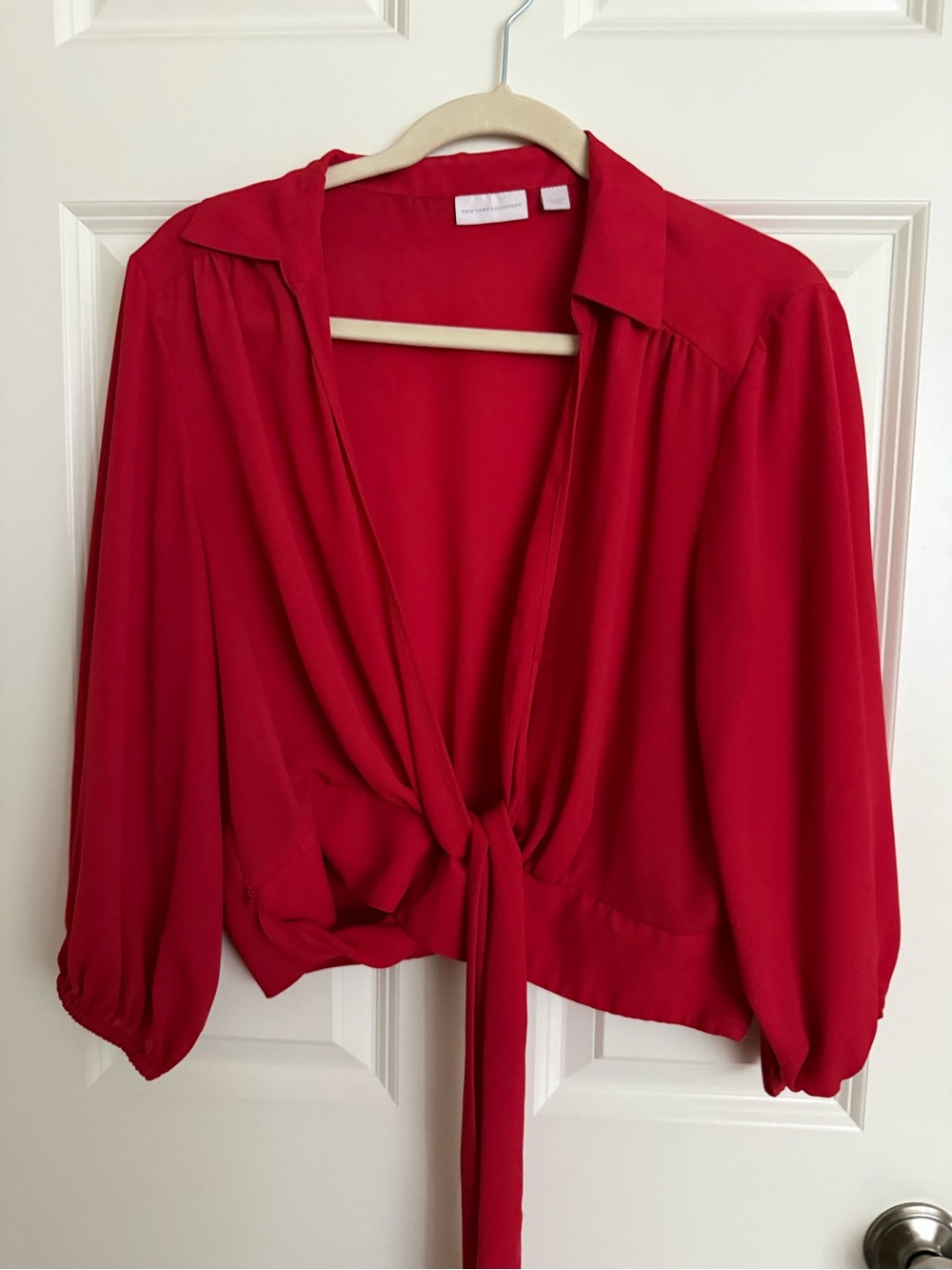 New York & Company Red Tie-Front Crop Blouse